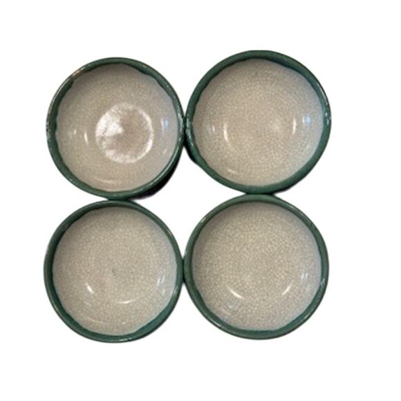 Pier 1 Crackle Collection Distressed Coupe Cereal Bowl Pottery Green Tan 6.75" - Picture 2 of 12